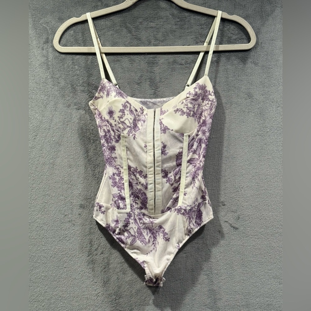 Free People Night Rhythm Bodysuit Corset Size XS Purple Cream Floral One Piece